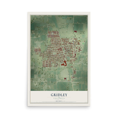 Map of Gridley, California, 12 x 18 inch unframed archival matte print