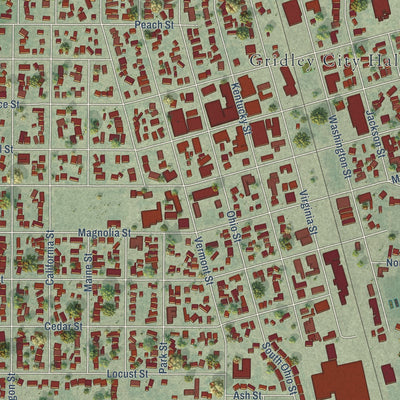 Close-up of the map of Gridley, California print showing street and building detail