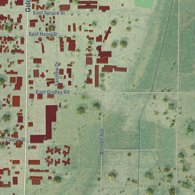 Second close-up of the map of Gridley, California print showing more streets and buildings