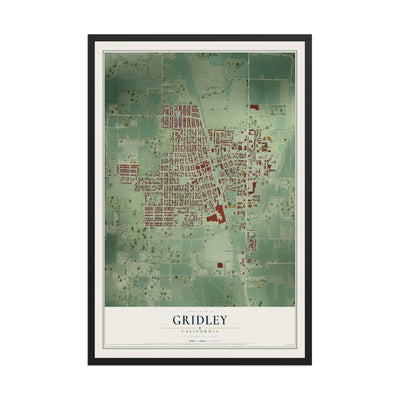 Map of Gridley, California, 12 x 18 inch print in a black wood frame