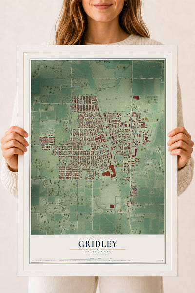 Map of Gridley, California, 18 x 24 inch print in a white wood frame