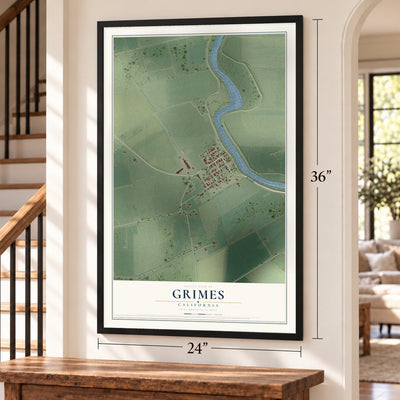 Grimes, California map, 24 x 36 inch print in a black frame by a staircase