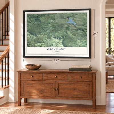 Groveland, California map, 24 x 36 inch print in a black frame above a dresser by a staircase