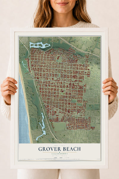 Map of Grover Beach, California, 18 x 24 inch print in a white wood frame