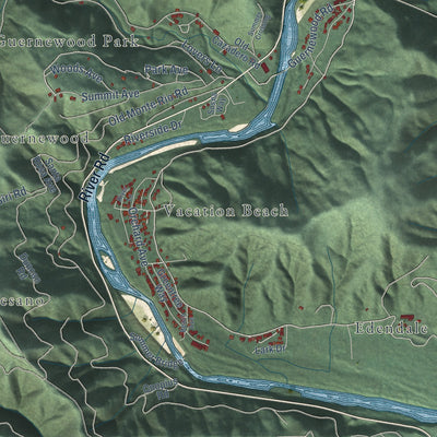 Second close-up of the map of Guerneville, California print showing more streets and buildings