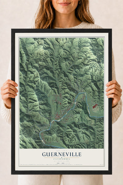 Map of Guerneville, California, 18 x 24 inch print in a black wood frame