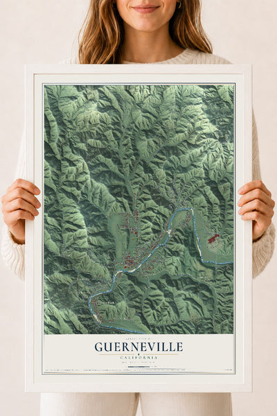 Map of Guerneville, California, 18 x 24 inch print in a white wood frame