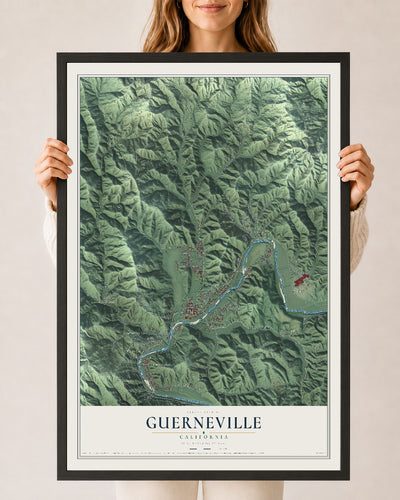 Map of Guerneville, California, 24 x 36 inch print in a black wood frame