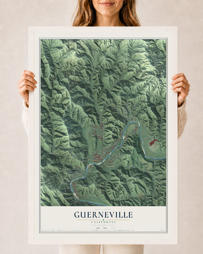 Map of Guerneville, California, 24 x 36 inch print in a white wood frame