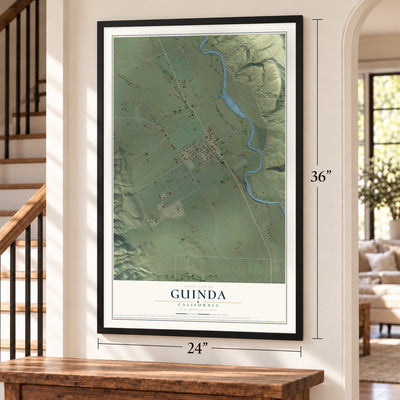Guinda, California map, 24 x 36 inch print in a black frame by a staircase