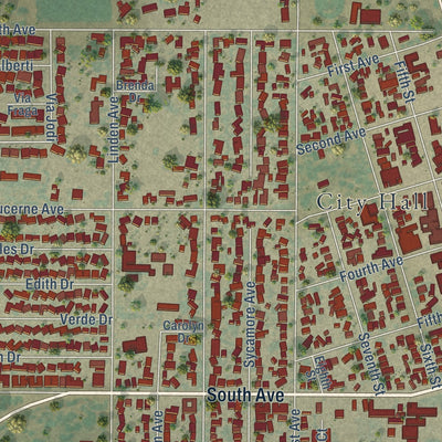 Close-up of the map of Gustine, California print showing street and building detail