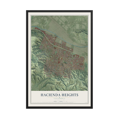 Map of Hacienda Heights, California, 12 x 18 inch print in a black wood frame