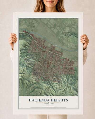 Map of Hacienda Heights, California, 24 x 36 inch print in a white wood frame
