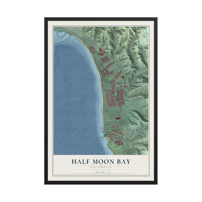 Map of Half Moon Bay, California, 12 x 18 inch print in a black wood frame