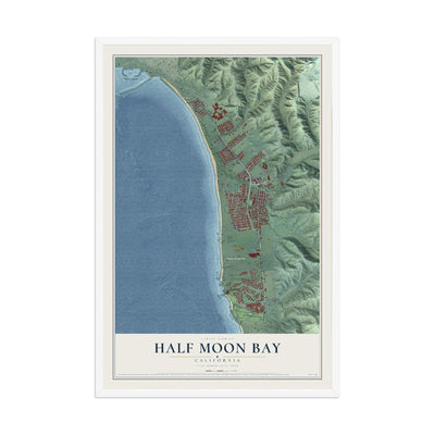 Map of Half Moon Bay, California, 12 x 18 inch print in a white wood frame
