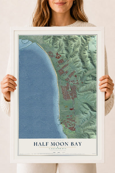 Map of Half Moon Bay, California, 18 x 24 inch print in a white wood frame