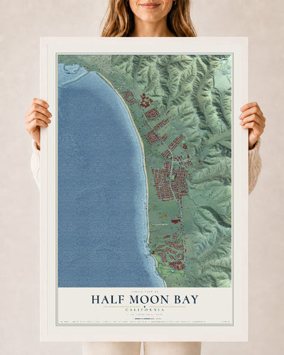 Map of Half Moon Bay, California, 24 x 36 inch print in a white wood frame