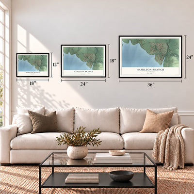 Hamilton Branch, California map in 12 x 18, 18 x 24 and 24 x 36 inch sizes above a sofa