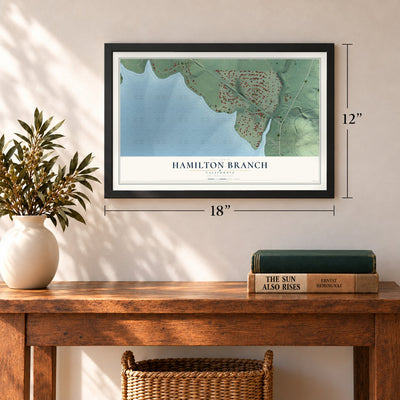 Hamilton Branch, California map, 12 x 18 inch print in a black frame in an entryway