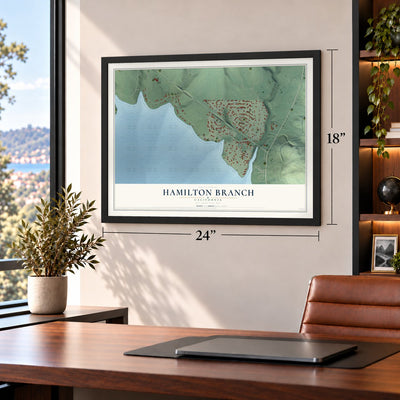 Hamilton Branch, California map, 18 x 24 inch print in a black frame in a home office