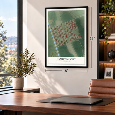 Hamilton City, California map, 18 x 24 inch print in a black frame in a home office