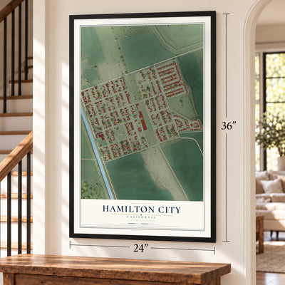 Hamilton City, California map, 24 x 36 inch print in a black frame by a staircase
