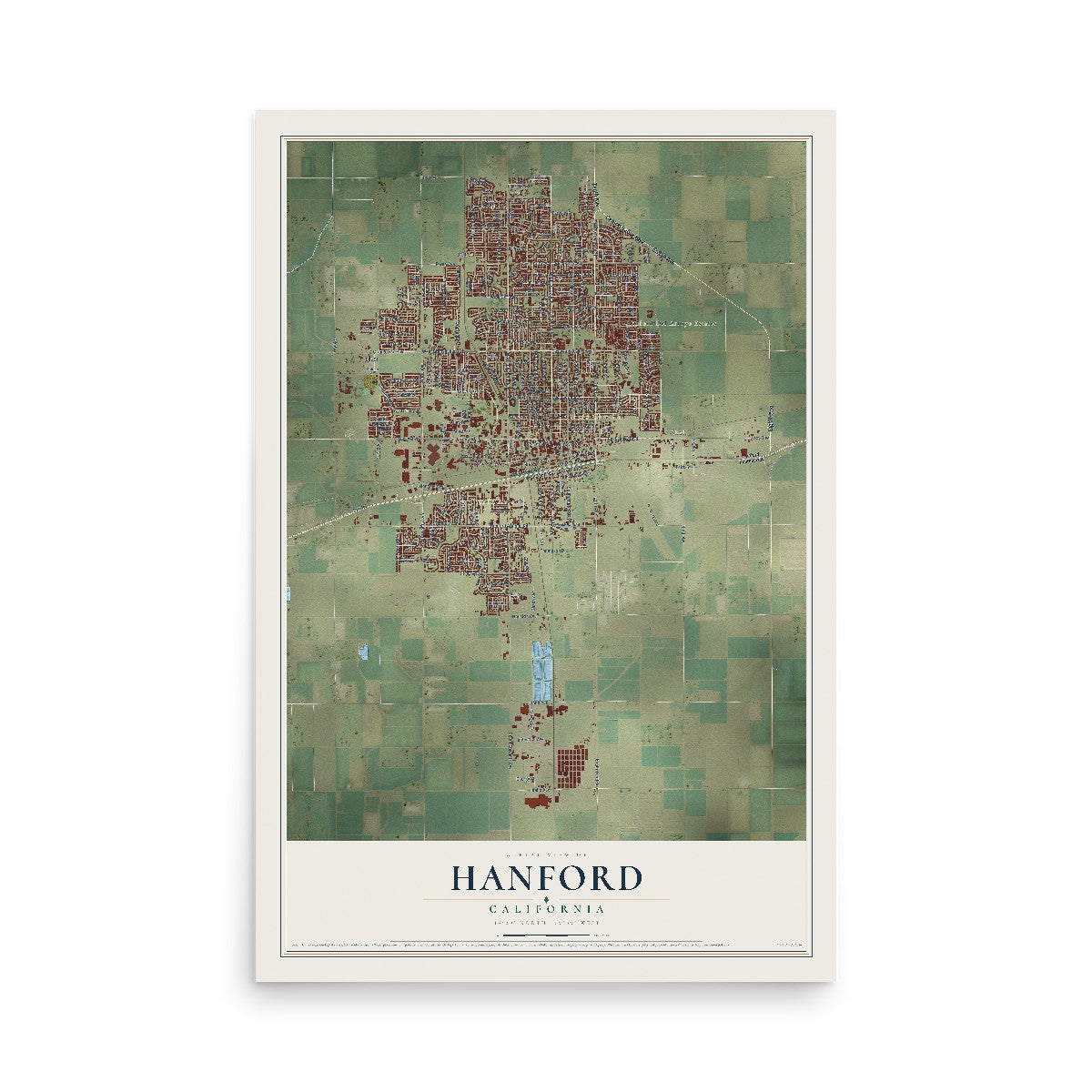Map of Hanford, California, 12 x 18 inch unframed archival matte print