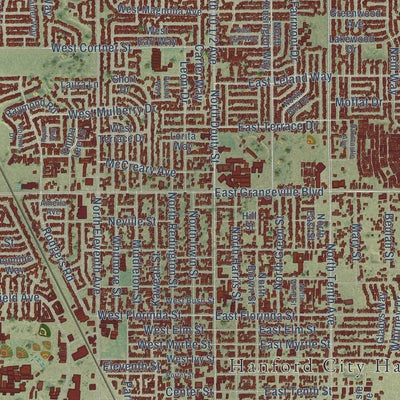 Close-up of the map of Hanford, California print showing street and building detail