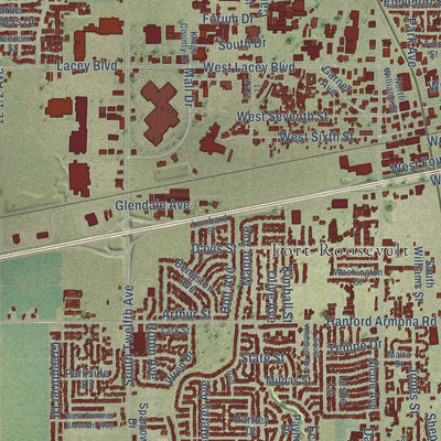Second close-up of the map of Hanford, California print showing more streets and buildings