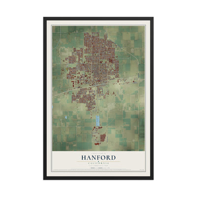 Map of Hanford, California, 12 x 18 inch print in a black wood frame