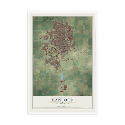 Map of Hanford, California, 12 x 18 inch print in a white wood frame