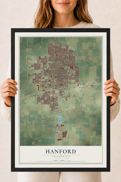 Map of Hanford, California, 18 x 24 inch print in a black wood frame