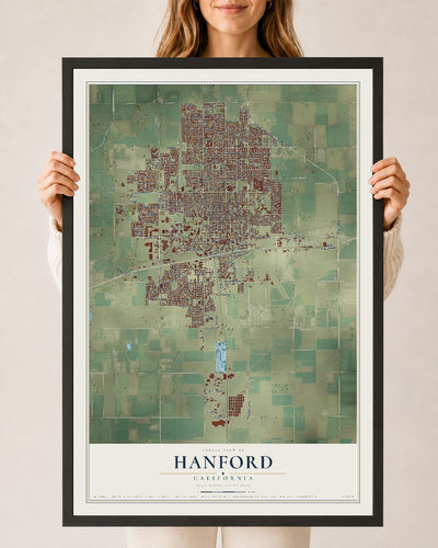 Map of Hanford, California, 24 x 36 inch print in a black wood frame
