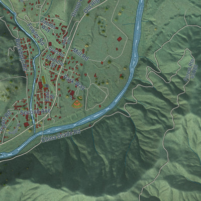 Close-up of the map of Happy Camp, California print showing street and building detail