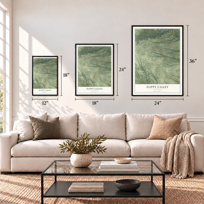 Happy Valley, California map in 12 x 18, 18 x 24 and 24 x 36 inch sizes above a sofa