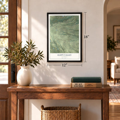 Happy Valley, California map, 12 x 18 inch print in a black frame in an entryway
