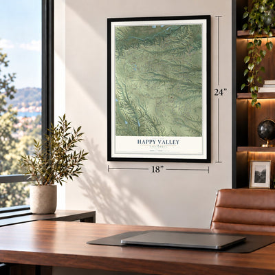 Happy Valley, California map, 18 x 24 inch print in a black frame in a home office