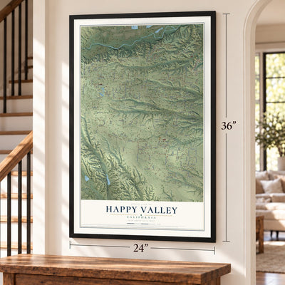 Happy Valley, California map, 24 x 36 inch print in a black frame by a staircase