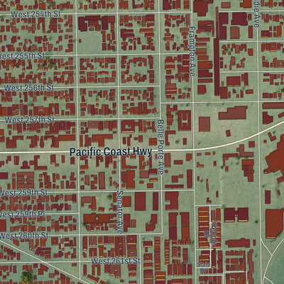 Close-up of the map of Harbor City, California print showing street and building detail