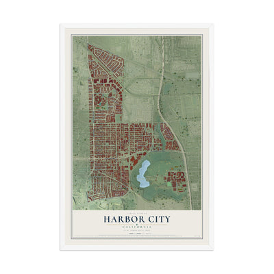 Map of Harbor City, California, 12 x 18 inch print in a white wood frame