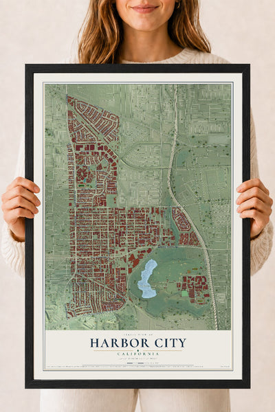 Map of Harbor City, California, 18 x 24 inch print in a black wood frame