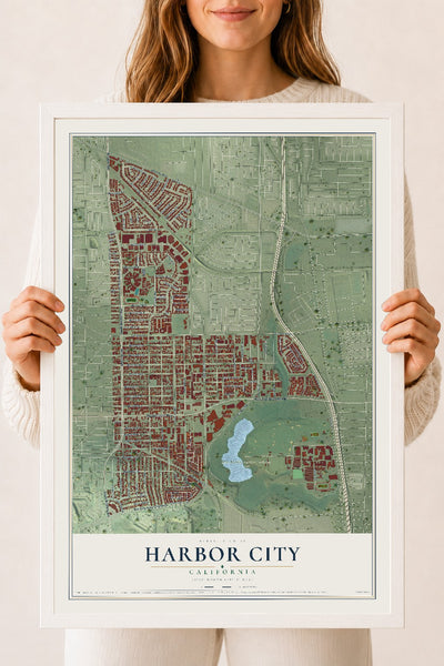Map of Harbor City, California, 18 x 24 inch print in a white wood frame