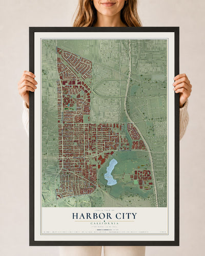 Map of Harbor City, California, 24 x 36 inch print in a black wood frame