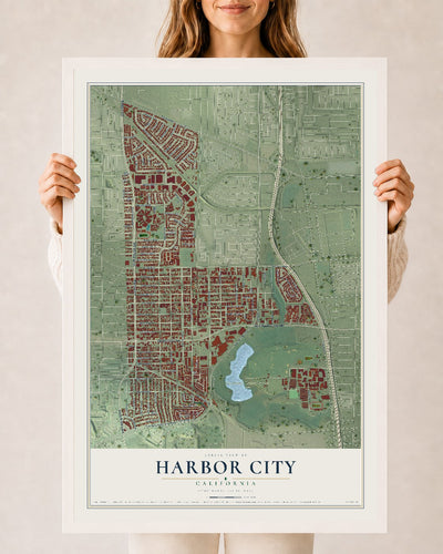 Map of Harbor City, California, 24 x 36 inch print in a white wood frame