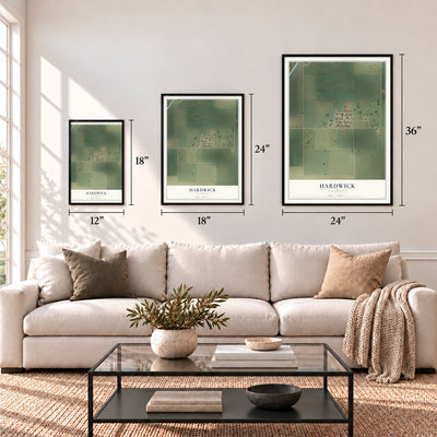 Hardwick, California map in 12 x 18, 18 x 24 and 24 x 36 inch sizes above a sofa