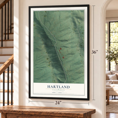 Hartland, California map, 24 x 36 inch print in a black frame by a staircase