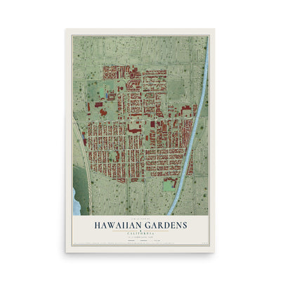 Map of Hawaiian Gardens, California, 12 x 18 inch unframed archival matte print