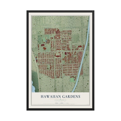 Map of Hawaiian Gardens, California, 12 x 18 inch print in a black wood frame