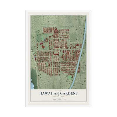 Map of Hawaiian Gardens, California, 12 x 18 inch print in a white wood frame