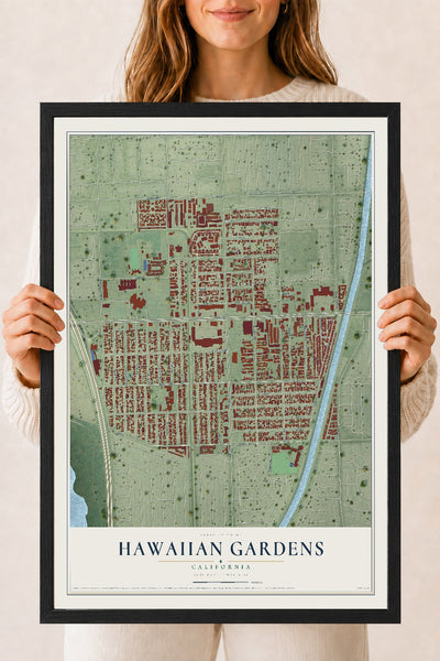 Map of Hawaiian Gardens, California, 18 x 24 inch print in a black wood frame